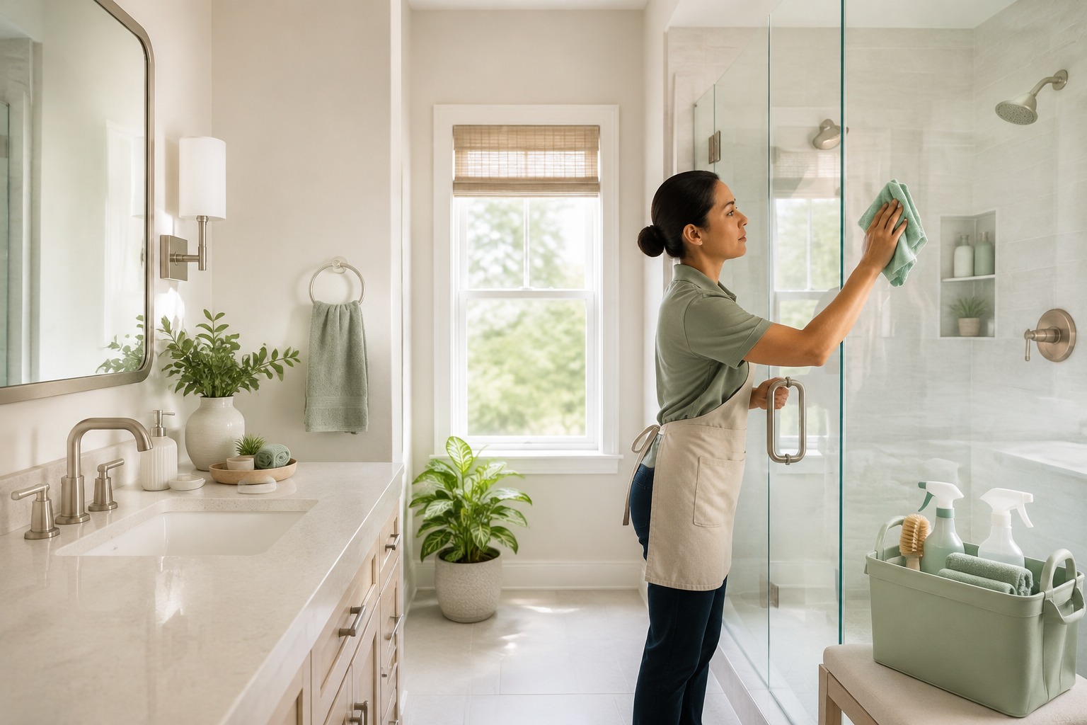 A cleaner detailing the glass shower in a bright bathroom