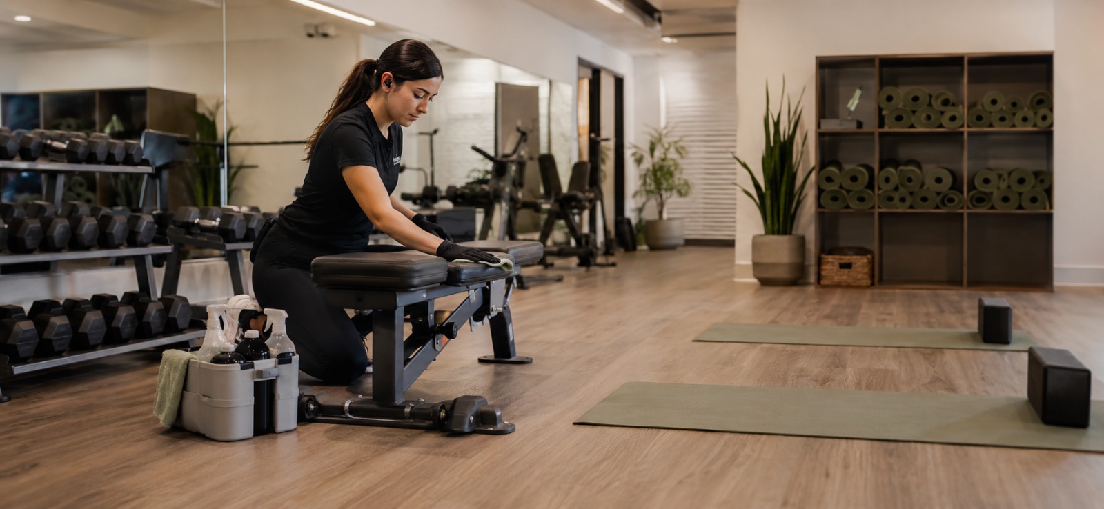 A cleaner sanitizing equipment in a fitness studio