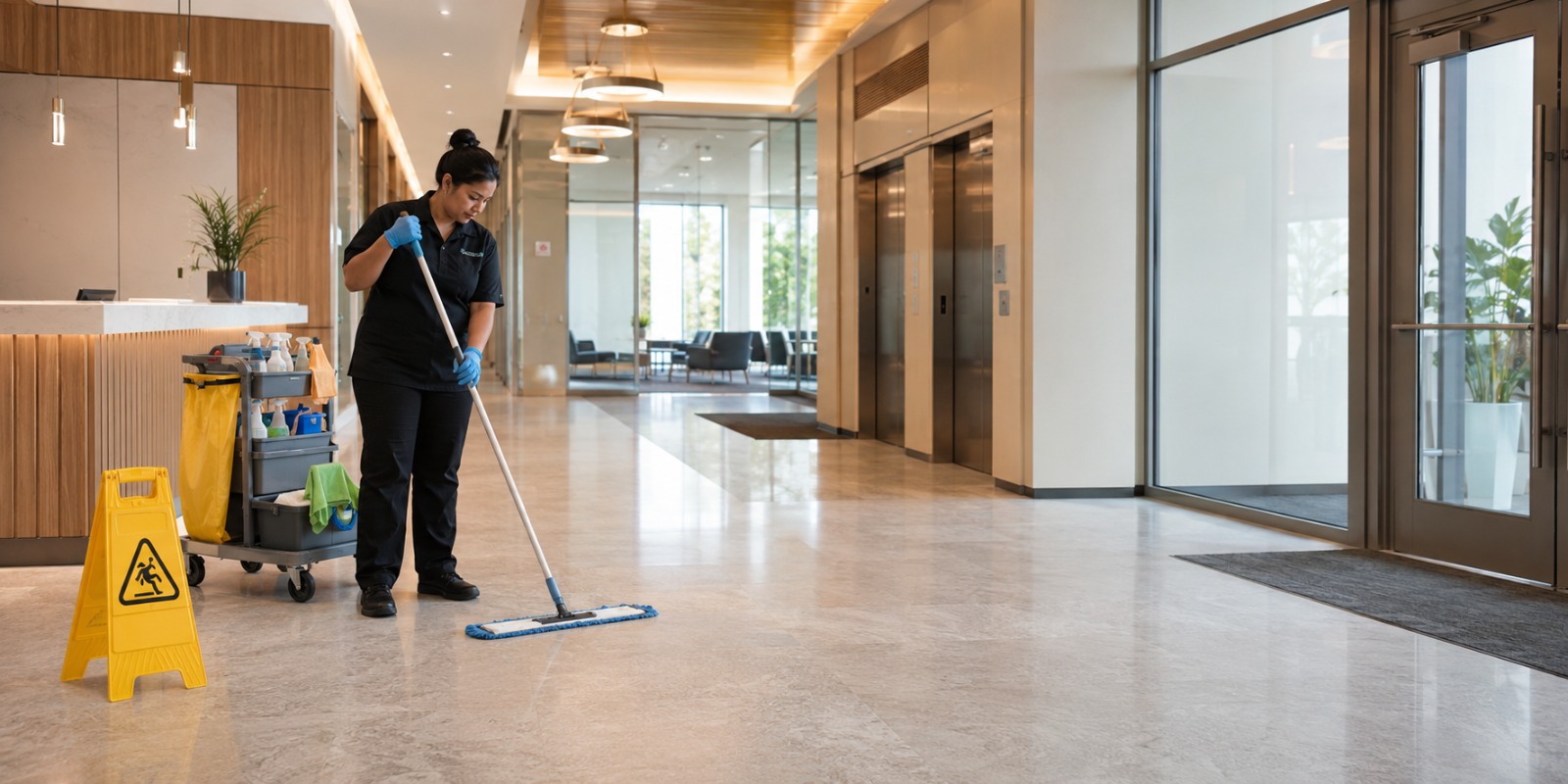 A cleaner caring for a modern commercial lobby