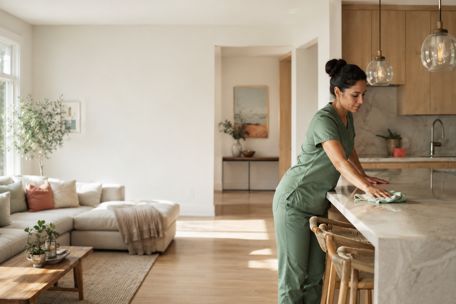 A cleaner preparing a modern kitchen and living area