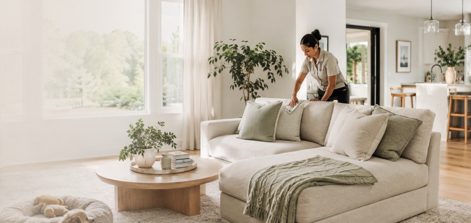 A professional cleaner carefully arranging a bright living room