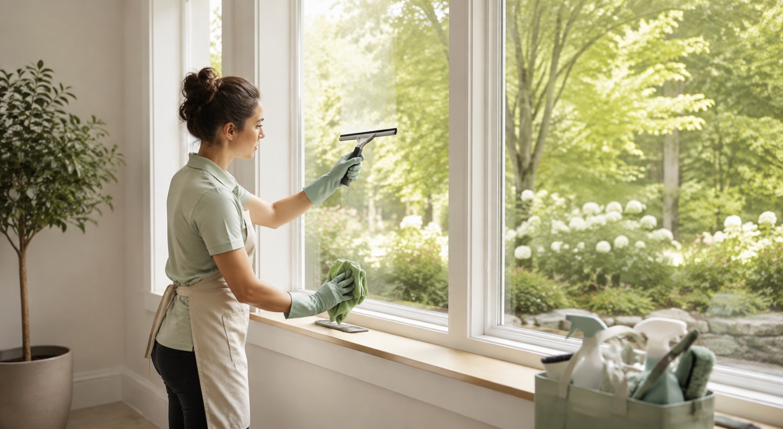 A professional cleaner detailing a large home window